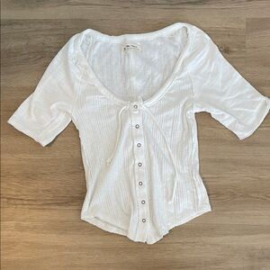 White Ribbed Button-Up Top - Women